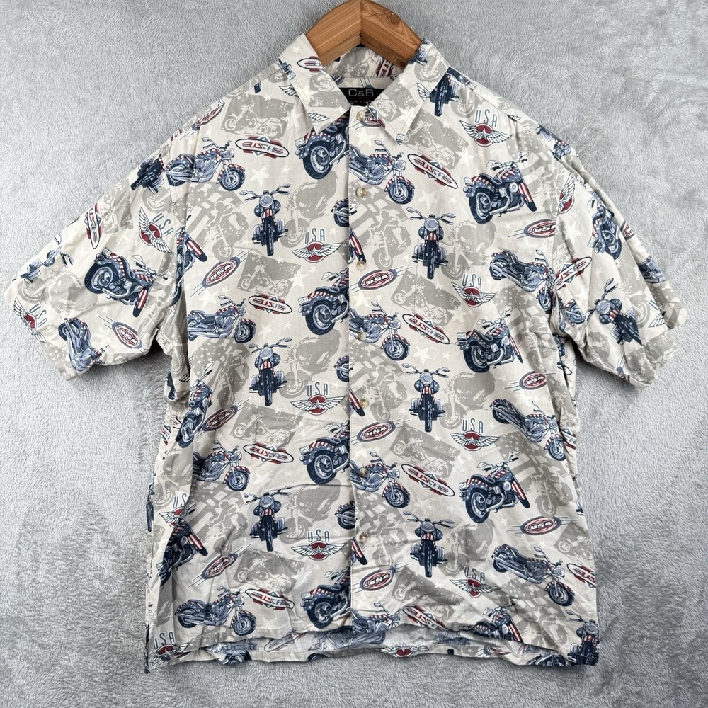 C & B Sport Button-Up Shirt Mens L Biker Motorcycles USA Pattern Retro Beachy